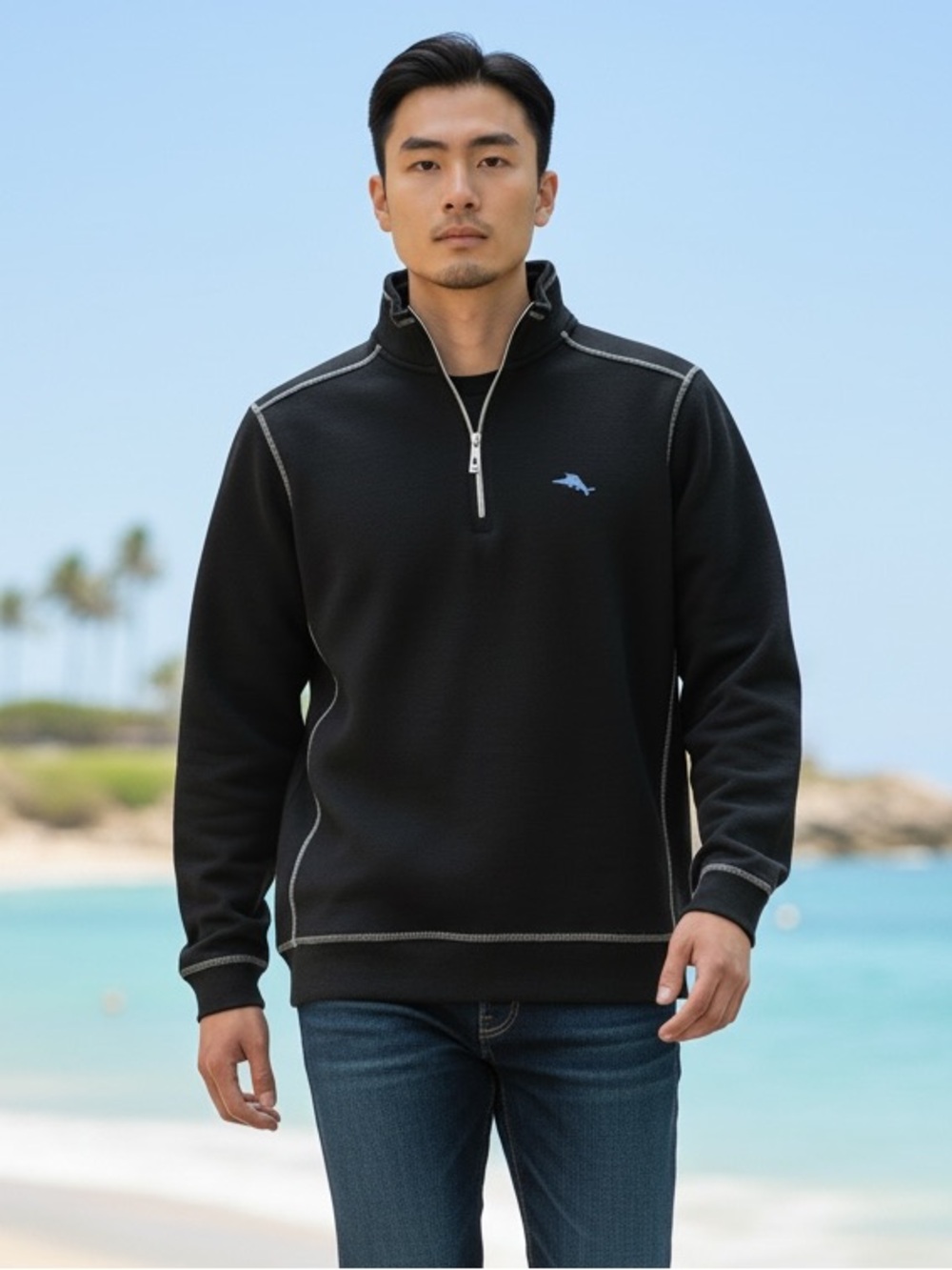 Tommy Bahama Tobago Bay Half Zip Pullover Black Men’s M Coastal Beach Marlin